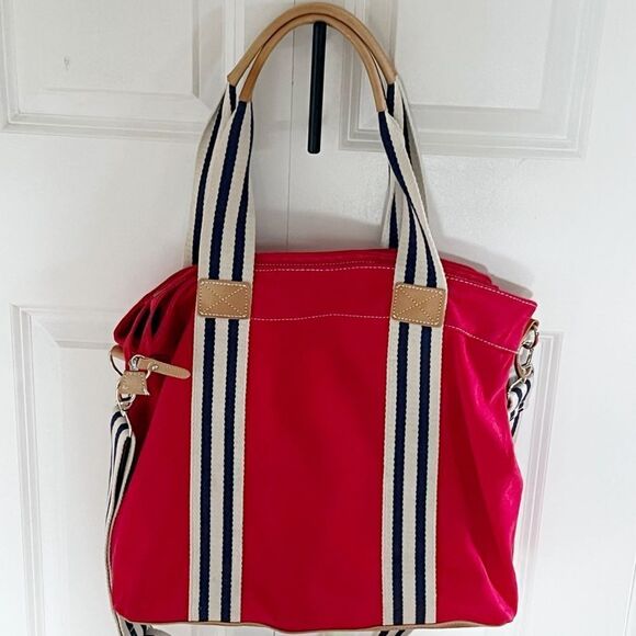 The Black Dog Large Red Tote Beach Canvas Bag with Striped Straps - Picture 2 of 6